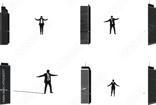 Businessperson walking tightrope, risk management concept, corporate challenge illustration, balance symbol, career growth, leadership posture, success metaphor, urban skyline, ambition