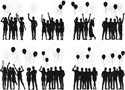 Celebration silhouettes, people with balloons, festive group illustration, party concept, unity symbol, social gathering design, confetti celebration, happiness, joy, event promotion