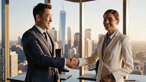 Businessman shaking hands with investor, office skyline background, financial deal closure, trust