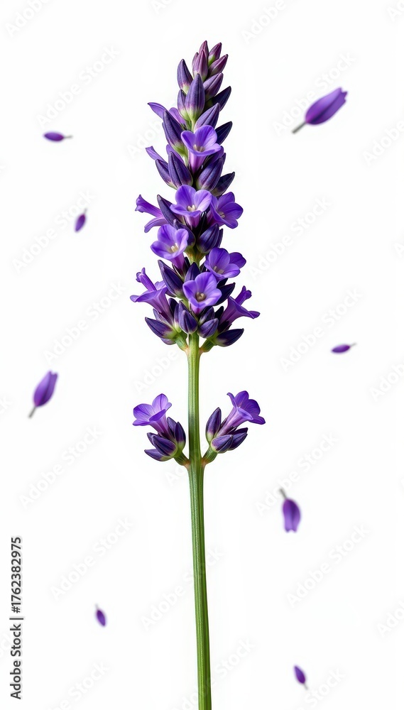 Obraz premium Single sprig of purple lavender, isolated on white background. Delicate blooms and green stems. Perfect for design elements or aromatherapy imagery, essential oil, peaceful, isolated