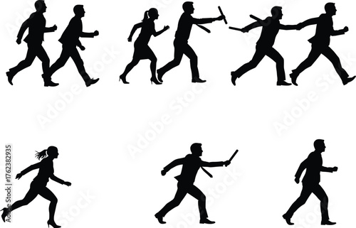 Relay race silhouettes, baton handoff illustration, teamwork concept, sports competition design, running figures, athletic symbol, coordination, success, speed, achievement