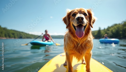 Wet golden retriever dog stands on yellow paddleboard on lake water. Person kayaks in background, sunny day outdoor adventure. Happy pet enjoys summer fun.