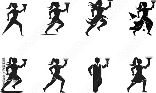 Running torch bearer, silhouette illustration, symbolic flame figure, athletic posture, cultural icon design, freedom symbol, inspirational runner, enlightenment torch, ceremonial relay concept