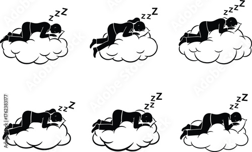Sleeping on cloud, dream illustration, night rest concept, whimsical sleep design, relaxation posture, bedtime symbol, peaceful dreamer, fantasy sleep art, comfort