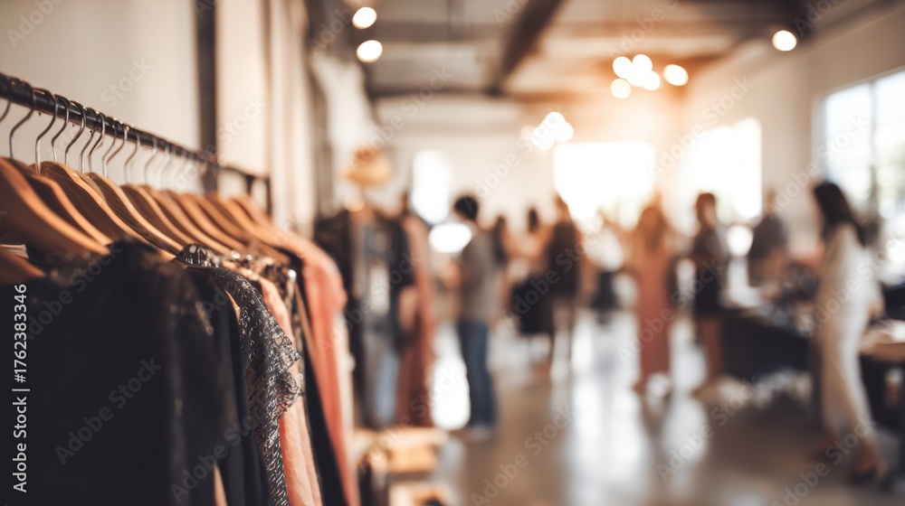 Fototapeta premium Medium closeup of a stylish popup shop interior in an urban setting highlighting unique merchandise sharply framed against blurred customers and decor.