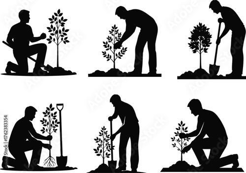 Tree planting silhouettes, environmental conservation, sustainability concept, gardening posture, eco friendly illustration, reforestation process, people planting saplings, nature care, green earth