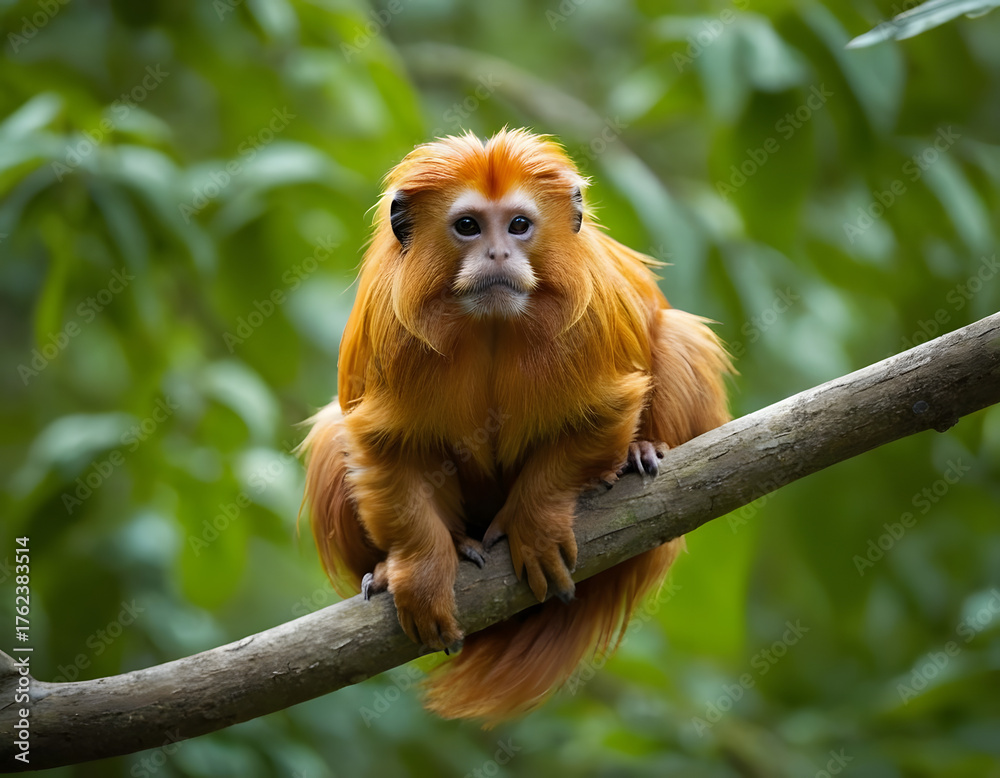 Fototapeta premium Rare Golden Lion Tamarin on Tree Branch, golden lion tamarin