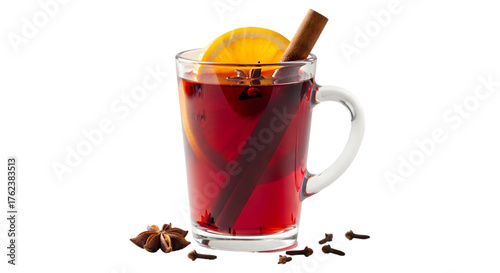 Aromatic mulled wine with spices isolated on transparent background, a winter warmer