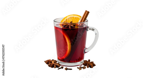 Mulled wine with spices isolated on transparent background, a warm and comforting drink