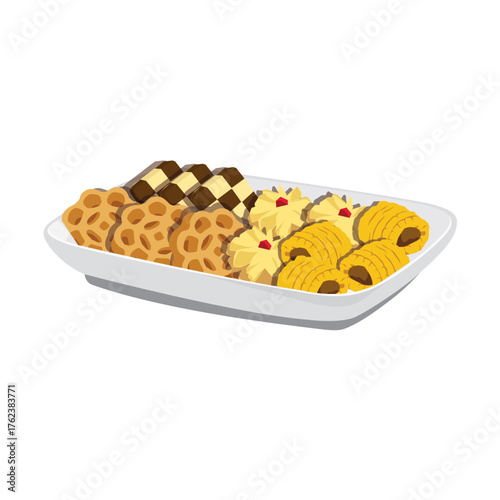 Vector illustration of various Malaysian traditional Eid festive dessert in a plate, biskut dam, kuih ros, semperit and tart nenas
