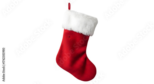 Classic red christmas stocking with white fur trim isolated on transparent background