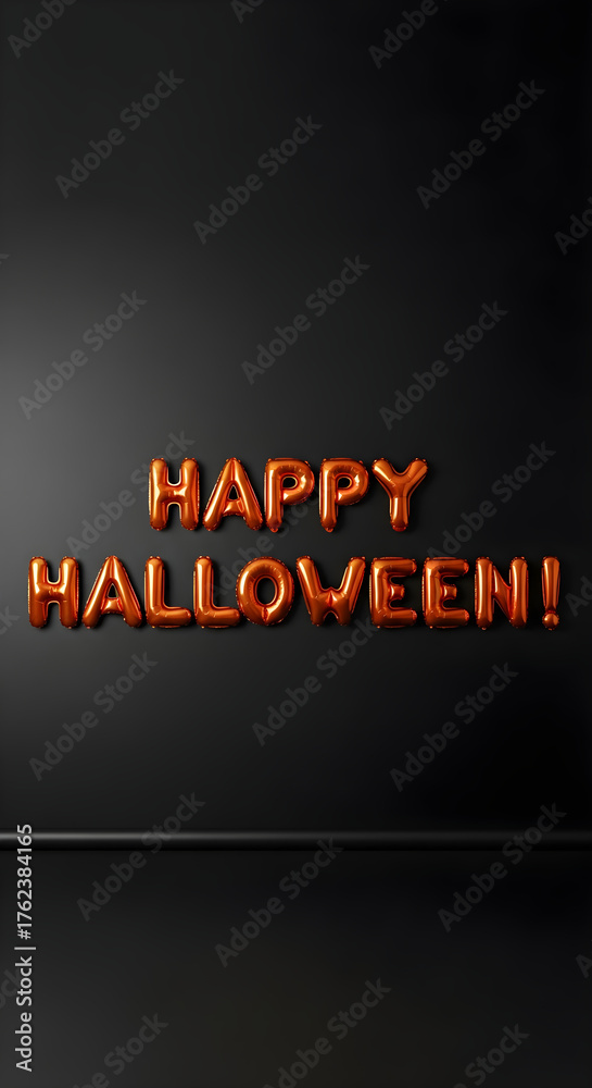 Obraz premium Shiny orange foil balloon letters spelling Happy Halloween on black background, vertical template for spooky party invitations seasonal sales or festive social media posts with copyspace. 