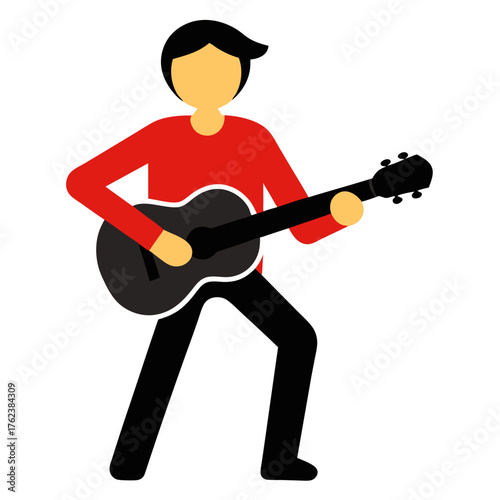 Stylized flat illustration of a person playing an acoustic guitar with a red shirt and black pants on a white background