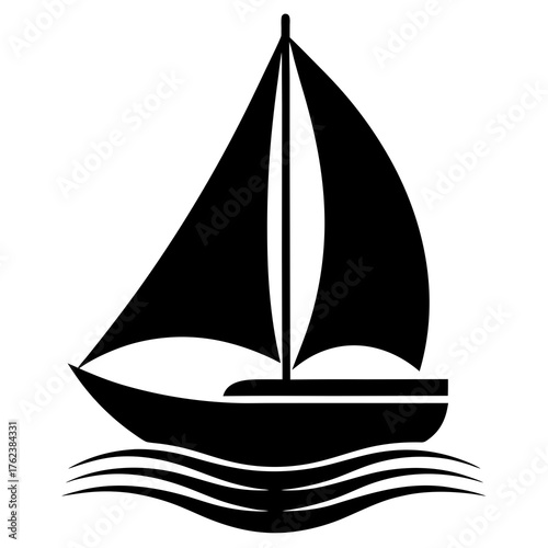 Sleek black silhouette of a modern sailboat with full sails gliding on stylized blue waves