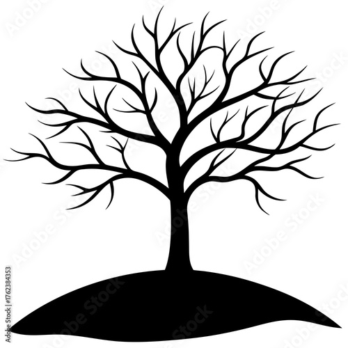 Silhouette of a bare deciduous tree with intricate branches standing on a rounded hill against a white background