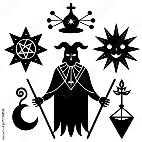 Mysterious black silhouette figures and occult symbols including a horned figure and celestial objects