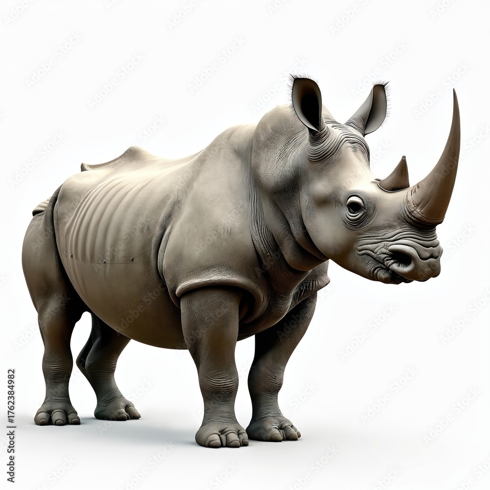 Fototapeta premium A large white rhinoceros stands on a white background. This endangered mammal has a distinctive horn and thick grey skin. It is a powerful animal.
