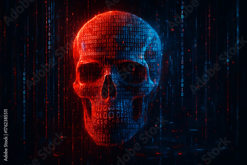 Futuristic Skull Illustration Made of Ones and Zeros Symbolizing Cyber Attack