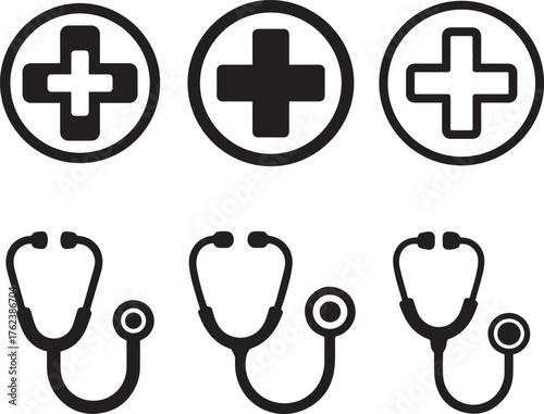 Medical Cross and Stethoscope Icons Representing Healthcare and Medicine