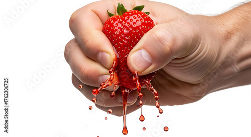 Firm male hand squeezes a juicy red strawberry, bright juice oozing and dripping down fingers in a vibrant, dynamic scene