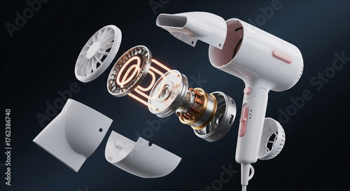 Detailed exploded view of a compact hair dryer showing all internal components suspended in the air