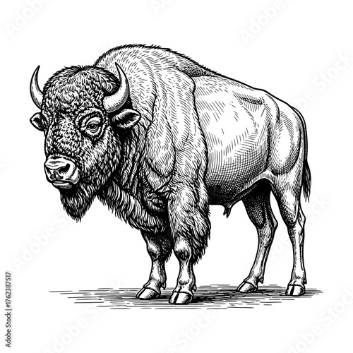 Classic engraving of a powerful bison with thick fur and bold texture, detailed vintage zoological line art in black and white HD vector style.
