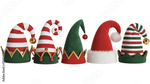 Collection of Elf Hats with Bells and Various Designs on Transparent Backing Costume