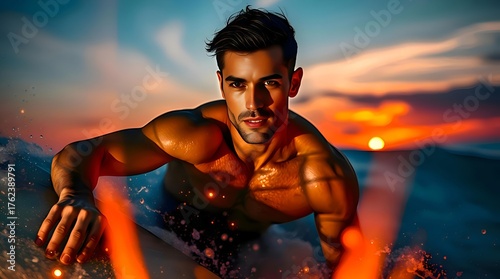 Handsome Young Man Surfing at Sunset 