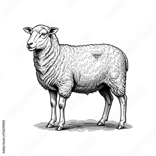 Classic engraving line art of a full-body sheep with curly wool texture, detailed etching lines, vintage 18th-century copperplate illustration style.