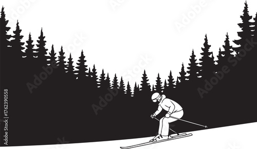 Silhouette skier carving down mountain slope in snowy forest scene