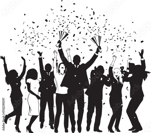 Silhouettes of business people celebrating success with confetti and trophy