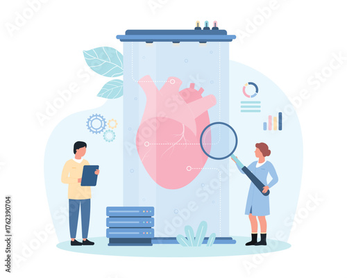 3D bio printing artificial human organ for transplantation in biotech medical laboratory vector illustration. Cartoon tiny scientists with magnifying glass research lab grown bioartificial heart