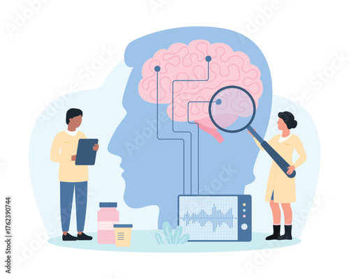 Diagnosis of brain diseases, neurology vector illustration. Cartoon tiny doctors monitoring brain waves on EEG display, neurologists research electroencephalography results with magnifying glass