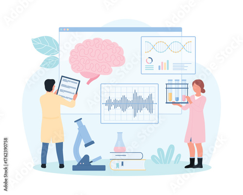 Medical brain study, neurology vector illustration. Cartoon tiny people research human brain anatomy on diagram, neurologists test nerve and nervous system during medical examination in hospital