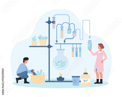 Naturopathy, alternative and complementary supplement therapy vector illustration. Cartoon tiny people use natural herbs and plants, pestle and mortar, laboratory equipment to make naturopathic remedy