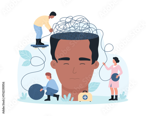 Mental health, help and therapy of depression, psychology problem vector illustration. Cartoon tiny people holding tangled rope to untangle brain clutter in head of patient, chaos puzzle in thoughts