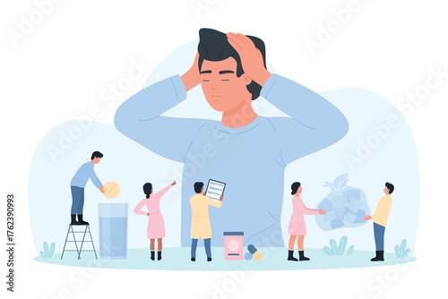 Migraine treatment vector illustration. Cartoon tiny doctors help man suffering from headache with ice pack and pill, stress and depression of sick tired person holding head with pain and tension