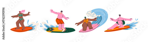 Surfing characters in retro cartoon. Sport people: woman in swimsuit, man on surfboard, wave, ocean splash. Summer vacation concept with sea sport. Funky doodle mascots of beach fun