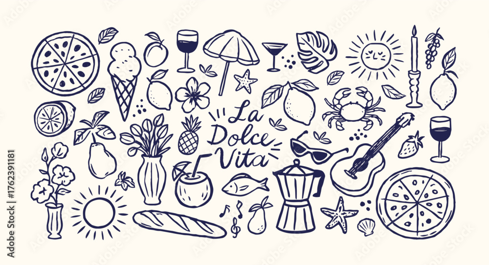 Naklejka premium Italian summer stickers in retro cartoon style. Vacation symbols: pizza, wine, lemon, sea. La Dolce Vita concept with summer food and beach leisure. Illustration in hand-drawn linear doodle style.
