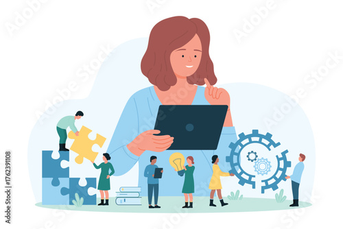 Soft business skills vector illustration. Cartoon tiny people with puzzle pieces and gears training employee to solve problems, effective personal development and intelligence, flexibility of thinking