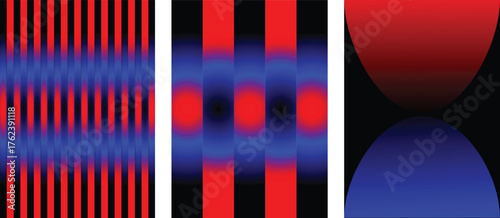 Abstract visual representation of light diffraction and interference patterns in red and blue hues