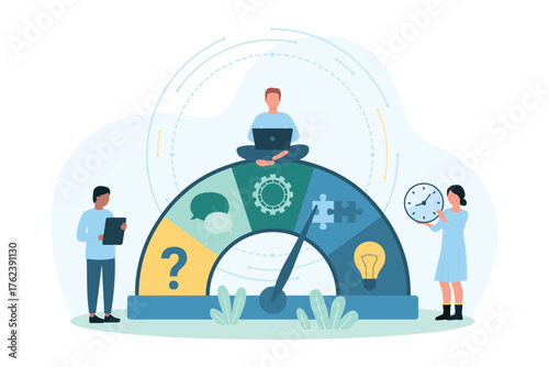 Improvement of soft business skills vector illustration. Cartoon tiny people move arrow on indicator to improve leadership, problem solving and social communication ability of person or team