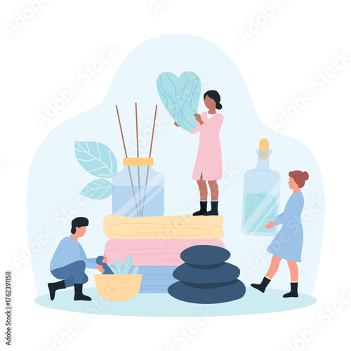 Spa and herbal alternative therapy in clinic vector illustration. Cartoon tiny people practice therapeutic massage with jade gua sha and marble stone, traditional aromatherapy, naturopathy for healing