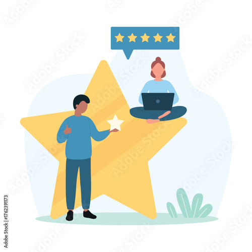 Customers feedback vector illustration. Cartoon tiny people holding review gold star to rate positive experience from quality of product, clients give five stars for evaluation in online survey