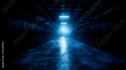 A dark futuristic industrial corridor illuminated by intense blue light featuring overhead cables and a reflective floor