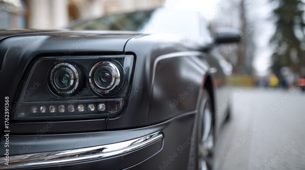Fototapeta premium Surveillance cameras mounted discreetly on a luxury limousine clear focus on camera lenses with the vehicle and surroundings softly blurred.