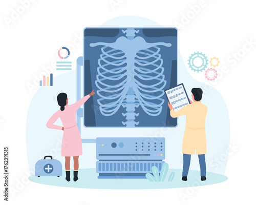 Chest roentgen examination, radiology vector illustration. Cartoon tiny doctors check xray of torso, lungs on radiography medical machine for bone diseases diagnosis and therapy of tuberculosis