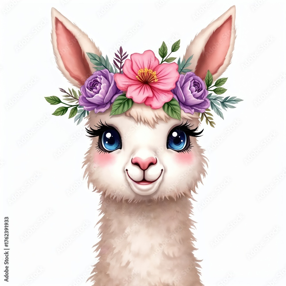 Naklejka premium Charming illustration of a llama adorned with floral wreath. Cartoon alpaca has big blue eyes and gentle smile. Lovely animal portrait on a white background suitable for various design projects.