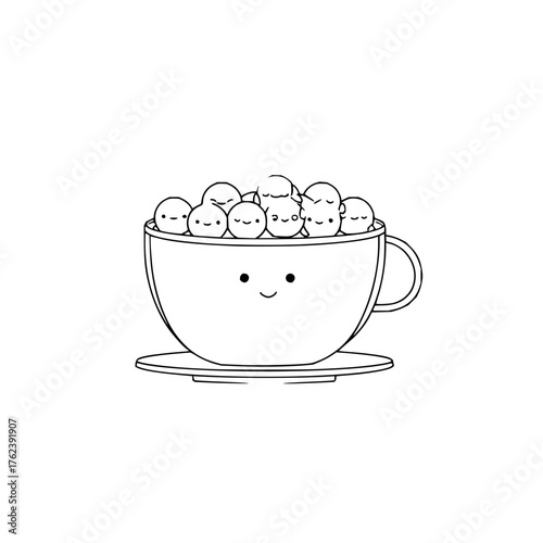 A cup filled with cute little faces and a smiley face on the cup sitting on a saucer in black and white