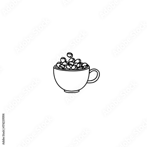 A minimalist line drawing of a cup overflowing with coffee beans against a white background design style
